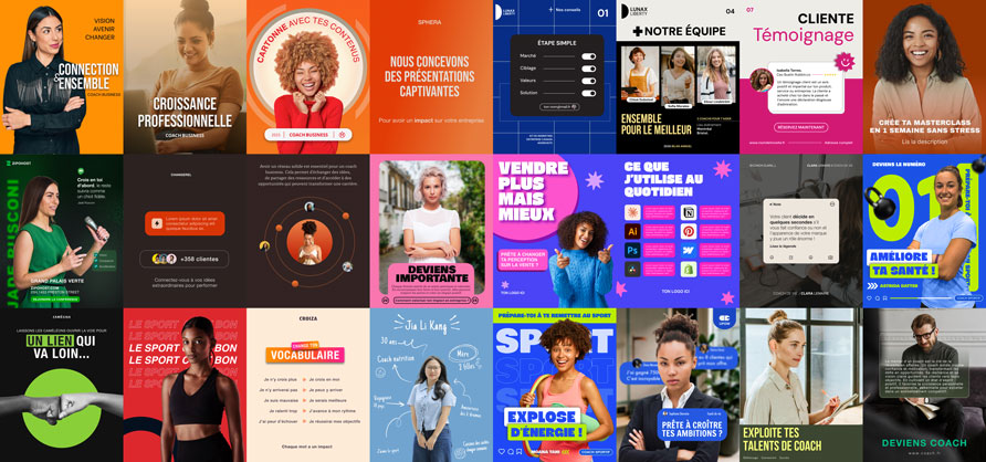 Pack de 24 modèles de posts pour coachs sur Figma montrant divers designs colorés et professionnels pour réseaux sociaux