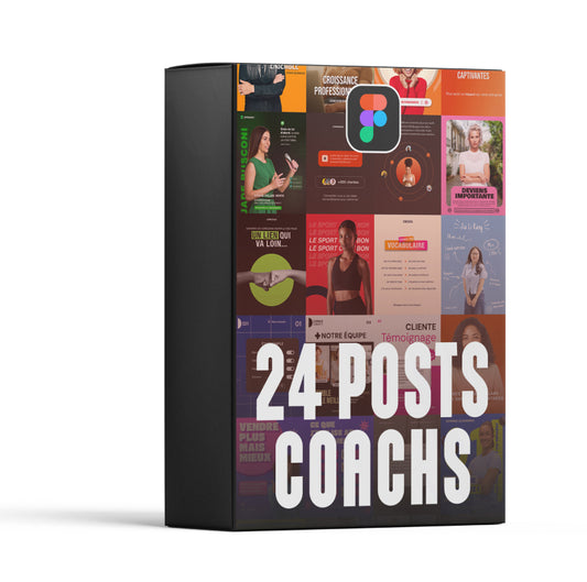 Pack de 24 modèles de posts pour coachs sur Figma montrant divers designs colorés et professionnels pour réseaux sociaux