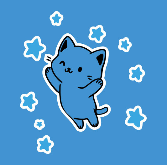 Adopte ce chat bleu adorable entouré d'étoiles ! Autocollant mignon parfait pour exprimer ta douceur et personnaliser tes affaires avec style.